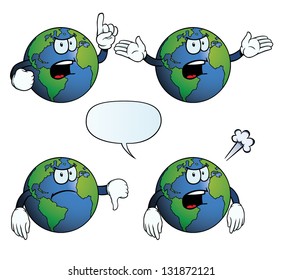 Collection of angry Earth globes with various gestures.