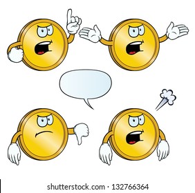 Collection of angry golden coins with various gestures.