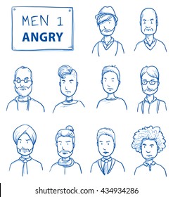 Collection of angry men. Set of various dissatisfied, enraged men in business and casual clothes, mixed age expressing unhappy, negative emotions. Hand drawn line art cartoon vector illustration.