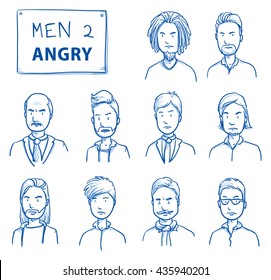 Collection of angry men. Set of various dissatisfied, enraged men in business and casual clothes, mixed age expressing unhappy, negative emotions. Hand drawn line art cartoon vector illustration.