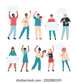 Collection of angry people with placard, banner, megaphone with raised up hands for protest. Diverse activists men and women on parade, picket, demonstration, strike. Isolated flat vector illustration