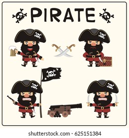 Collection angry pirate in different poses with pistol, sword, beer mug, ship gun and pirated flag.