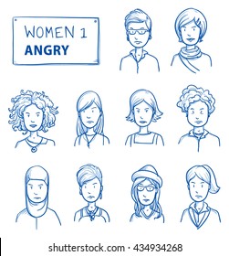 Collection of angry women. Set of various dissatisfied, enraged women in business and casual clothes, mixed age expressing unhappy, negative emotions. Hand drawn line art cartoon vector illustration.