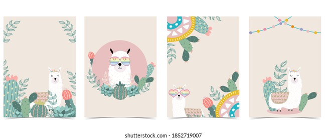 Collection of animal background set with llama, cactus,flower.Editable vector illustration for website, invitation,postcard and sticker