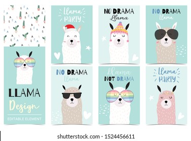 Collection of animal background set with llama,cactus.Editable vector illustration for birthday invitation,postcard and sticker.Wording include llama not drama