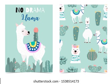 Collection of animal background set with llama,cactus,green.Editable vector illustration for birthday invitation,postcard and sticker.Wording include llama not drama