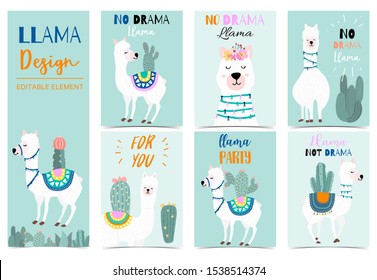 Collection of animal background set with llama,cactus,green.Editable vector illustration for birthday invitation,postcard and sticker.Wording include llama not drama