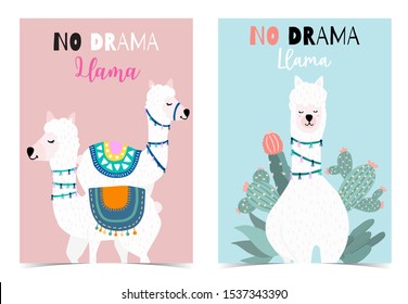 Collection of animal background set with llama,cactus,green,pink.Editable vector illustration for birthday invitation,postcard and sticker.Wording include llama not drama