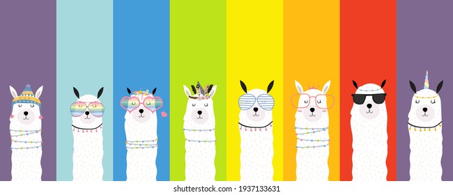 Collection of animal background set with llama,rainbow color.Editable vector illustration for birthday invitation,postcard and sticker