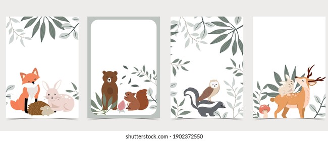 Collection of animal cards set with bear,skunk.Vector illustration for birthday invitation,postcard and sticker.Editable element