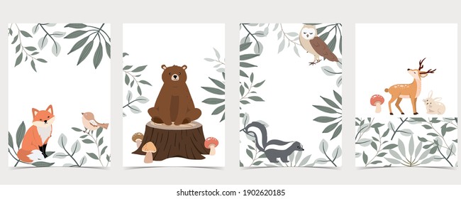 Collection of animal cards set with bear,skunk.Vector illustration for birthday invitation,postcard and sticker.Editable element