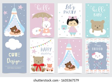 Collection of animal cards set with girl,bear,rabbit,cloud.Vector illustration for birthday invitation,postcard and sticker.Editable element