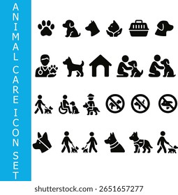 Uma coleção de ícones de cuidados com animais, apresentando vários símbolos relacionados a cães, como impressões de pata, cuidados veterinários, raças de cães, portadores de animais de estimação e corrediça, apresentados em um fundo branco.