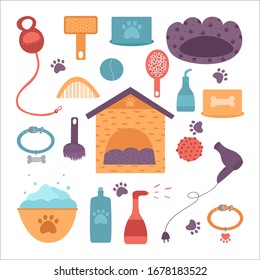 Collection of animal care items. Vector illustration on a white background.