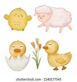 Collection of animal in cartoon character, cute chick, ducks and sheep with flower in drawing watercolor style on white background  for graphic designer, vector illustration