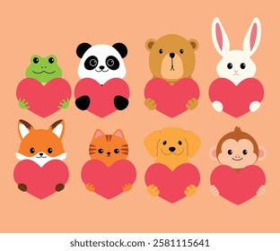 Collection of animal cartoon holding heart for Valentine's Day, frog, panda, bear, rabbit, fox, cat, dog and monkey illustration