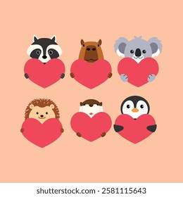 Collection of animal cartoon holding heart for Valentine's Day, raccoon, capybara , otter, koala, penguin, hedgehog illustration