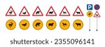Collection of animal crossing road hazard signs. Traffic sign warning for deer, duck, frog, sheep, horse, cattle and cow on the road. Traffic sign Vector.