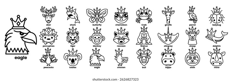 A collection of animal faces with crowns on them. The faces are arranged in a row and are all different sizes in line drawing style