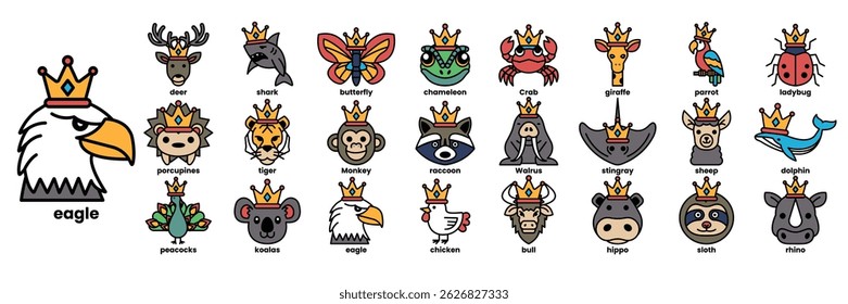 A collection of animal faces with crowns on them. The faces are arranged in a row and are all different sizes