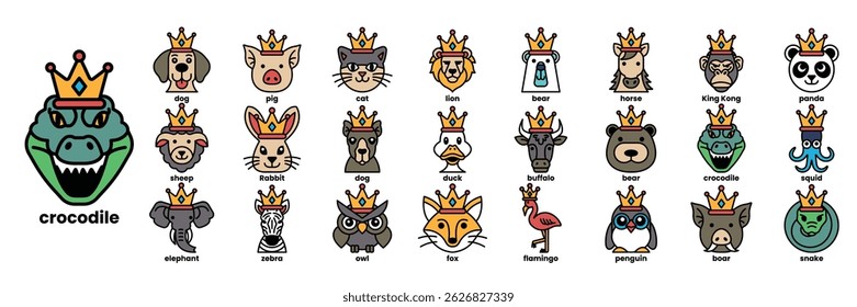 A collection of animal faces with crowns on them. The faces are of various animals such as dogs, cats, birds, and crocodiles. Concept of fun and playfulness, as the animals are wearing crowns