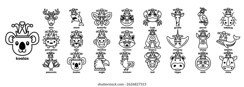 A collection of animal faces with hats on them. The hats are of different colors and styles. The animals are arranged in a row, with the first animal on the left being a koala in line drawing style