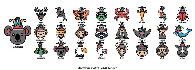 A collection of animal faces with hats on them. The hats are of different colors and styles. The animals are arranged in a row, with the first animal on the left being a koala