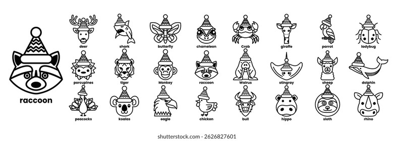 A collection of animal faces with hats on them. The hats are of different colors and styles