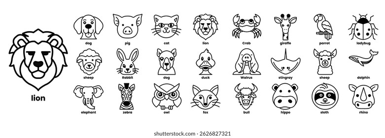 A collection of animal faces, including a lion, a dog, a cat, a bird, a fish, and a crab in line drawing style