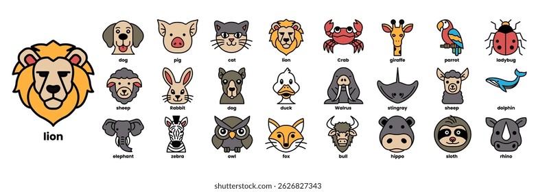 A collection of animal faces, including a lion, a dog, a cat, a bird, a fish, and a crab