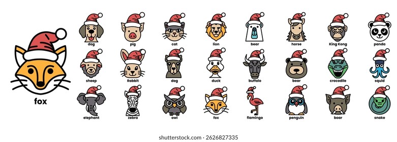 A collection of animal faces with Santa hats. The faces are of various animals such as cats, dogs, and birds. The image conveys a festive and joyful mood, as the animals are all wearing Santa hats