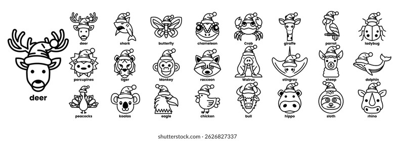Uma coleção de rostos de animais com chapéus de Papai Noel neles. As faces são organizadas em uma linha e têm tamanhos diferentes no estilo de desenho de linha
