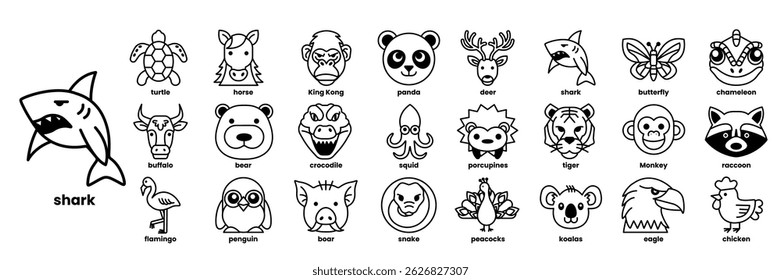 A collection of animal faces with a shark in the middle. The shark is to the left of the other animals in line drawing style