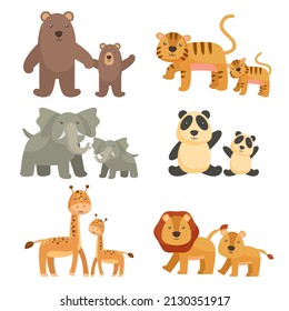 Collection of animal family in mother or father day concept, cartoon charactor with bear, tiger, elephant, panda, lion, and giraffe, flat vector illustration