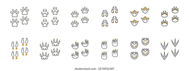 collection of animal footprints and paw prints, including mammals and birds.