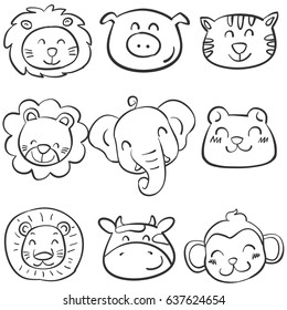 Collection of animal head doodle set