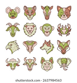 A collection of animal head illustrations in a geometric style