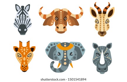 Collection of Animal Heads with Tribal Ethnic Ornament. Zebra, Buffalo, Antelope, Giraffe, Elephant, Rhino. Vector Illustration.