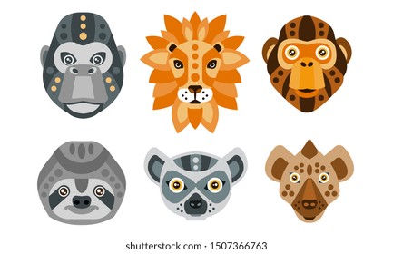 Collection of Animal Heads with Tribal Ethnic Ornament, Monkey, Lion, Gorilla, Sloth, Lemur, Coyote Vector Illustration
