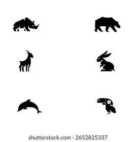 Coleção de ícones de animais em estilo vetorial limpo e moderno. Inclui uma variedade de criaturas, como mamíferos, pássaros, répteis, vida marinha e insetos — todos projetados com detalhes mínimos e arte uniforme