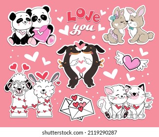 Collection of animal love for valentine's day on a pink background. Fashion patch badges vector illustration. Panda, bunny, cat, llama and dachshund