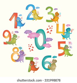 Collection of animal numbers for children. Vector illustration. dragons, iguanas in the clouds. Learn to count concept set. 