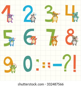 Collection of animal numbers for children. Vector illustration. Learn to count concept set. bear, koala, panda. punctuation marks.