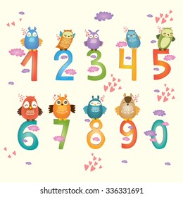 Collection of animal numbers for children. Vector illustration. owls in the clouds. Learn to count concept set. 