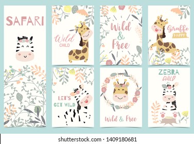 Collection of animal party set with zebra,giraffe,hat,flower and wreath