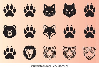 Collection of animal paw prints and faces including cats dogs bears lions tigers and foxes vector illustration
