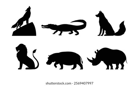 collection of animal silhouette, fox howling on the hills, alligator, fox sitting, lion, hippo and rhinoceros illustration