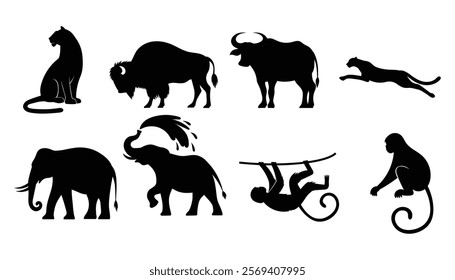 collection of animal silhouette, tiger, bison, buffalo, jaguar, cheetah, elephant and monkey illustration 