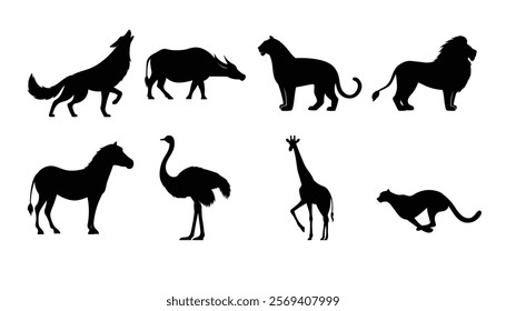 collection of animal silhouette, wolf howling, buffalo, tiger, lion, horse, ostrich, giraffe, cheetah and jaguar illustration