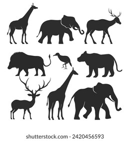 Collection of animal silhouette, zoo african animals.